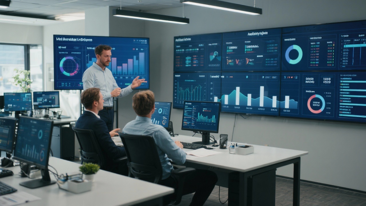 Modern analytics lab setting with Dutch SME leaders reviewing KPI dashboards on large displays under guidance from a data consultant.