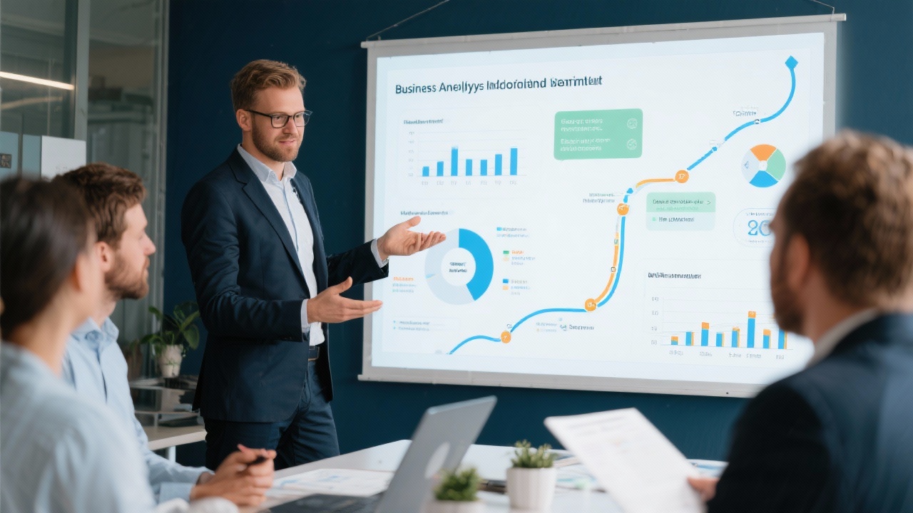 Business analytics mentor guiding Dutch SME managers through a roadmap presentation with interactive charts and documented follow-up actions.