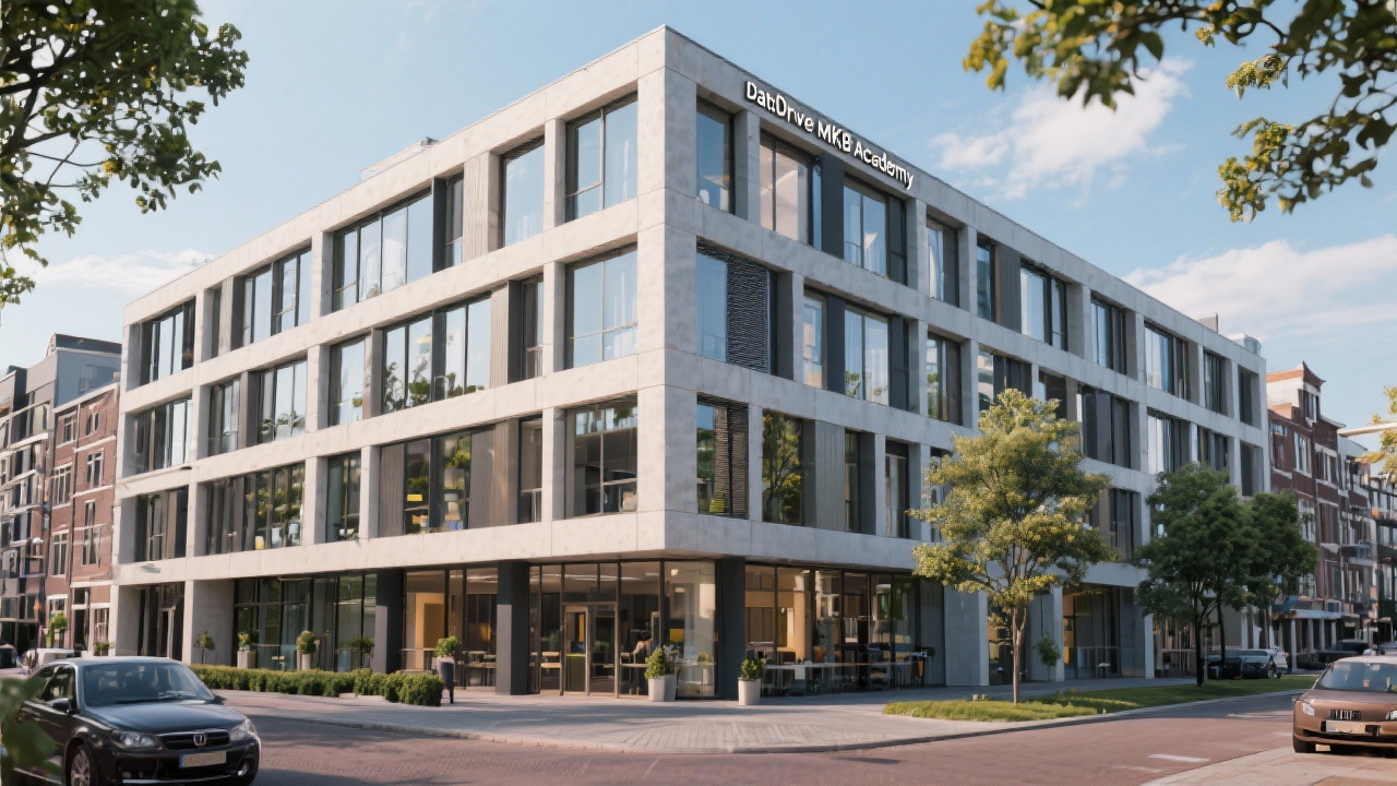 Exterior view of a modern Amsterdam office building where DataDrive MKB Academy hosts strategy sessions with local entrepreneurs.