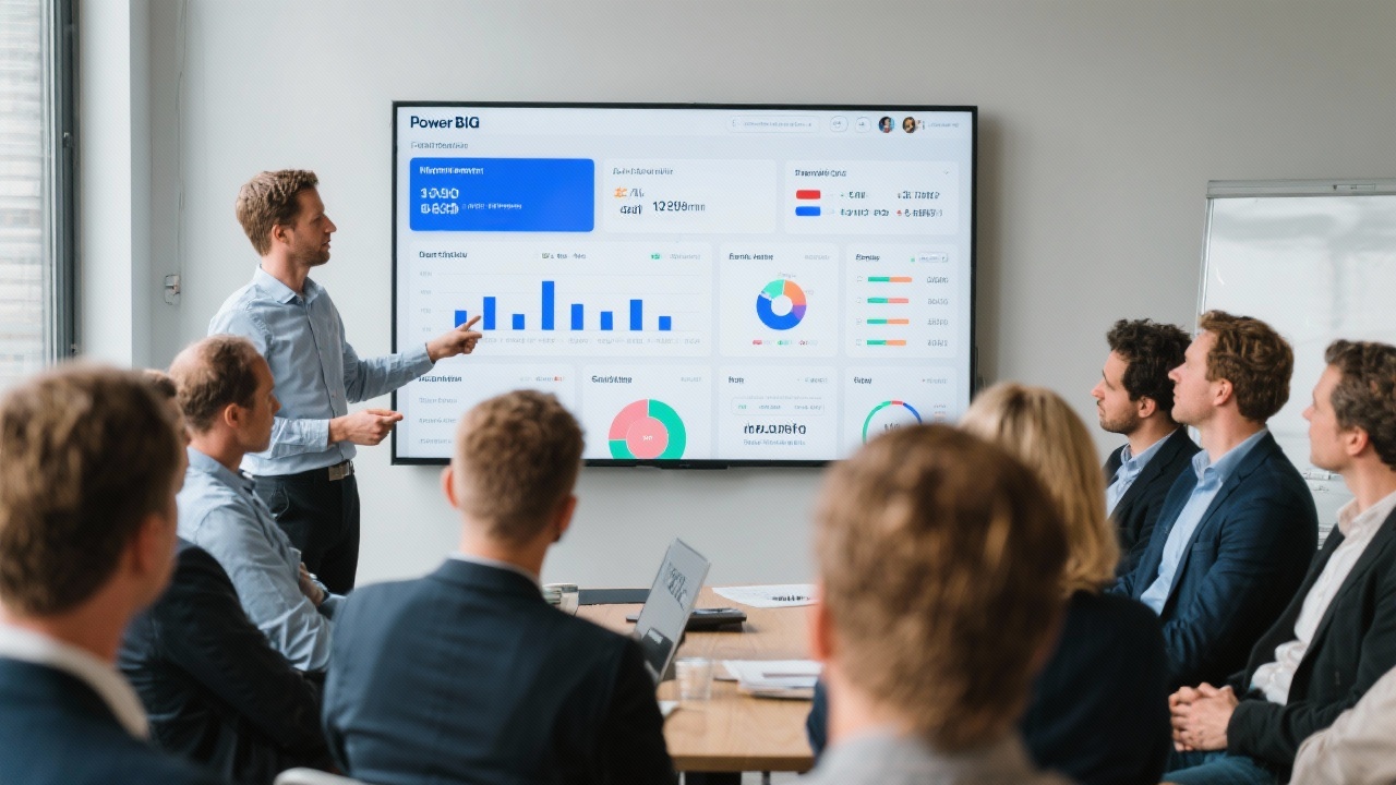 Business analyst demonstrates a Power BI dashboard with Dutch sales and finance metrics to a group of SME leaders during an interactive knowledge session.