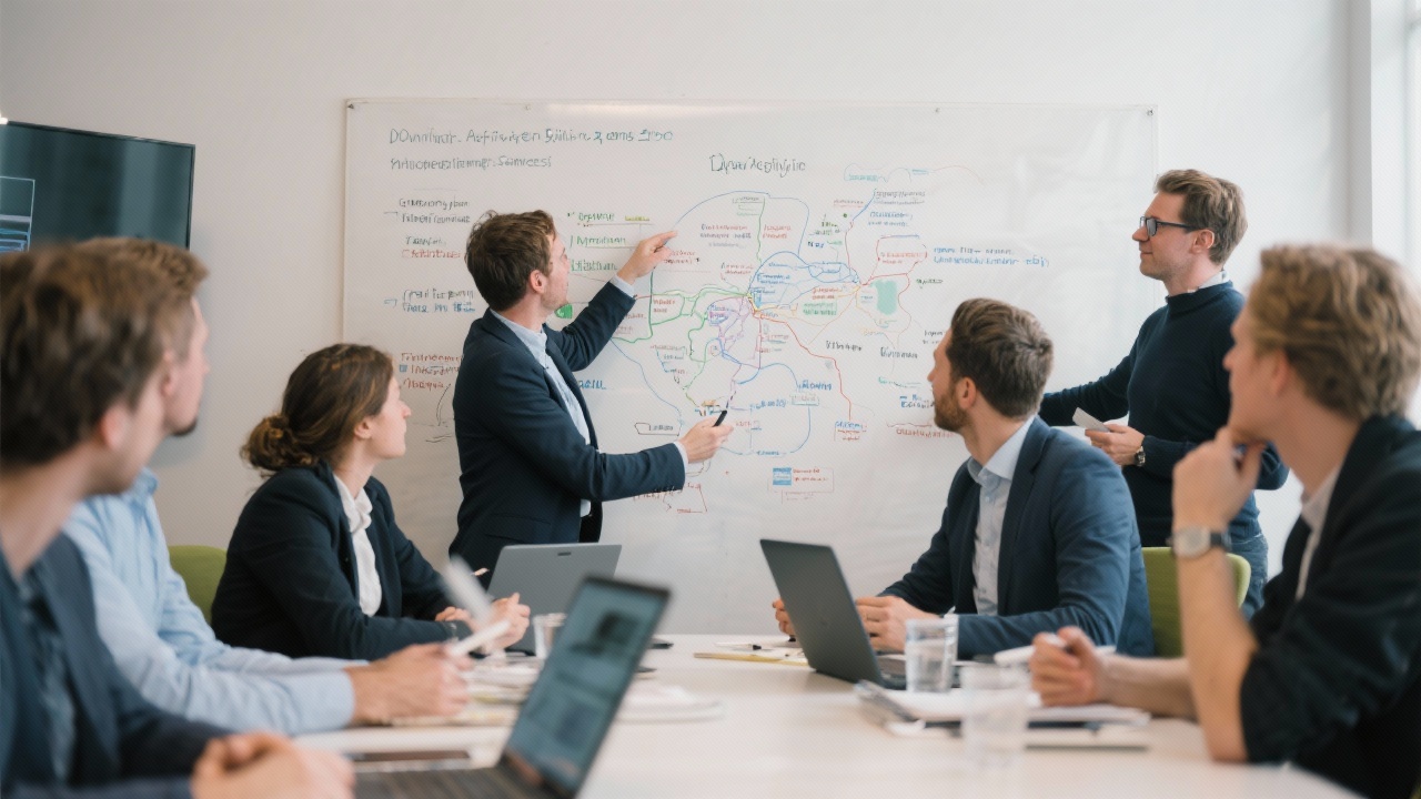 Group of Dutch SME professionals participating in an analytics workshop, discussing data governance frameworks and mapping improvement opportunities on a whiteboard.
